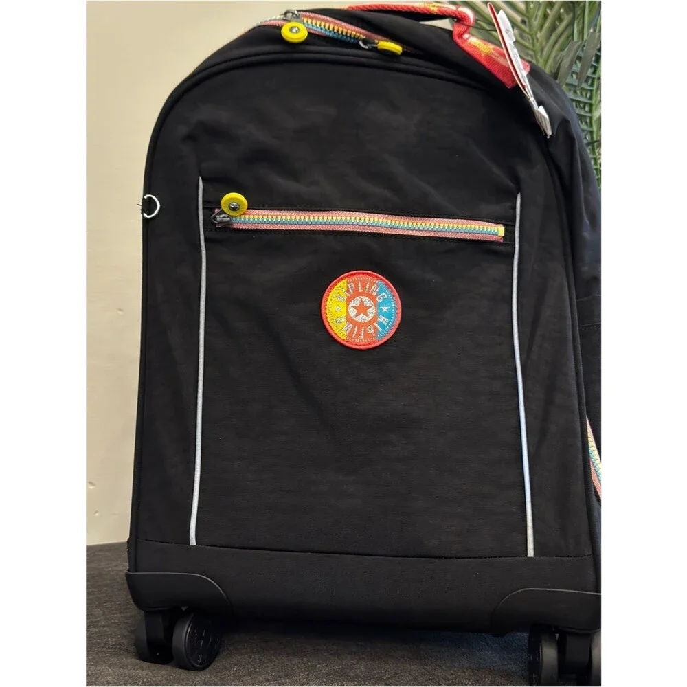 Kipling Mese Rolling Backpack Black Rolling Suitcase with Rainbow Zipper Accents